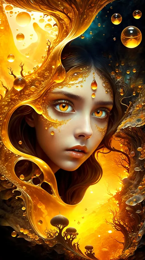 fracolor In the depths of the amber, a dark and mysterious world unfolds, where a surreal girl with eyes of liquid gold wanders, lost in the amber's enigmatic dreamscape <lora:fracolor:1>