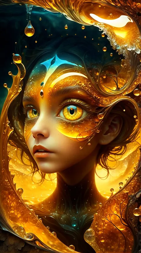 fracolor In the depths of the amber, a dark and mysterious world unfolds, where a surreal girl with eyes of liquid gold wanders, lost in the amber's enigmatic dreamscape <lora:fracolor:1>