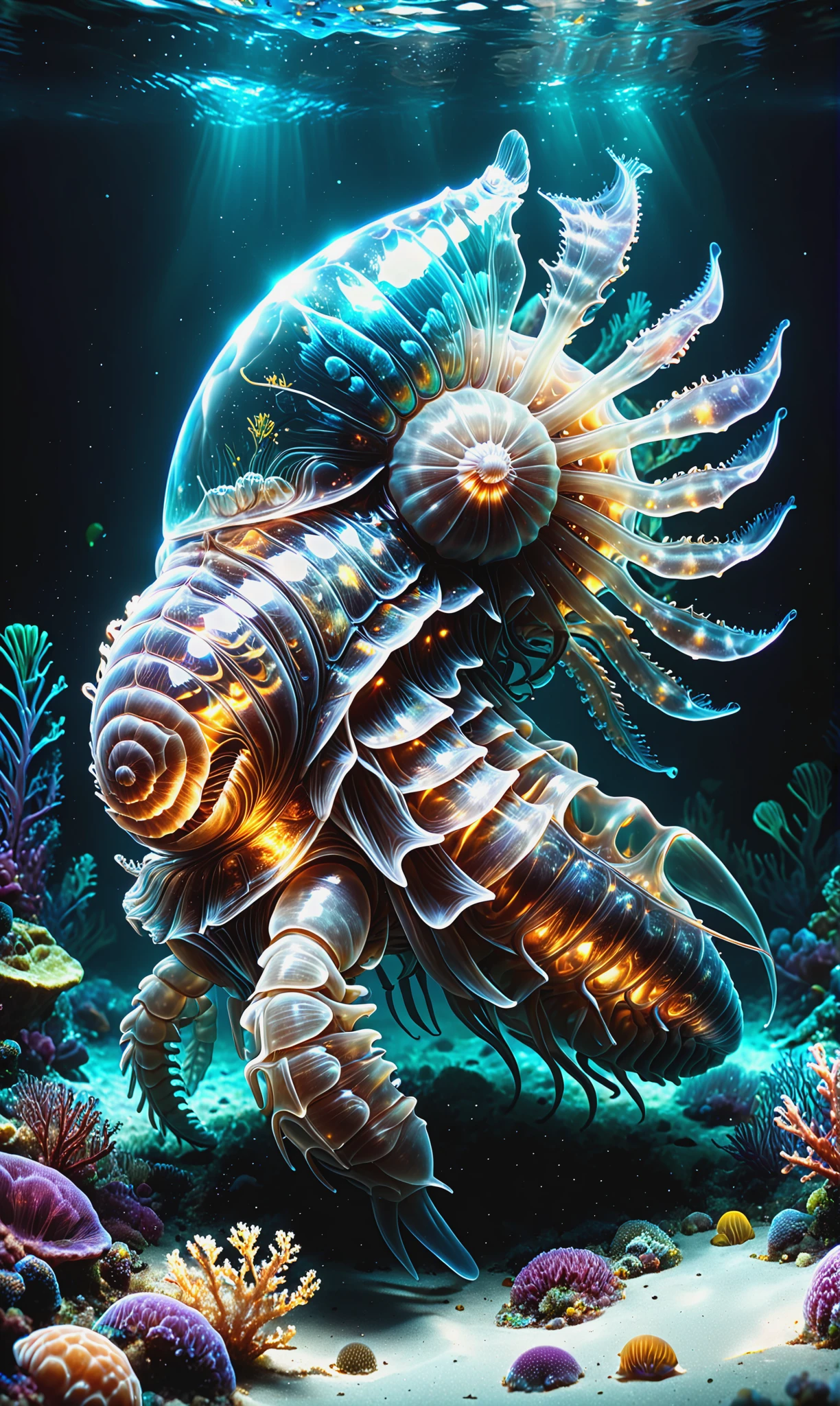 photorealistic, detailed digital illustration of a Enigmatic giant isopod crawling on seabed at a Bioluminescent jellyfish illuminating dark waters <lora:xl_more_art-full_v1:0.4>, <lora:fracolor:0.7> fracolor, Volumetric lighting, <lora:ral-czmcrnbw:0.7>