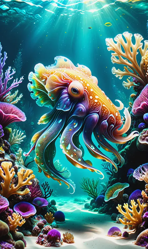 photorealistic, detailed digital illustration of a Color-changing cuttlefish with mesmerizing patterns at a Hidden underwater oasis with crystal-clear water <lora:xl_more_art-full_v1:0.4>, <lora:fracolor:0.7> fracolor, Ambient occlusion, <lora:ral-czmcrnbw:0.7>