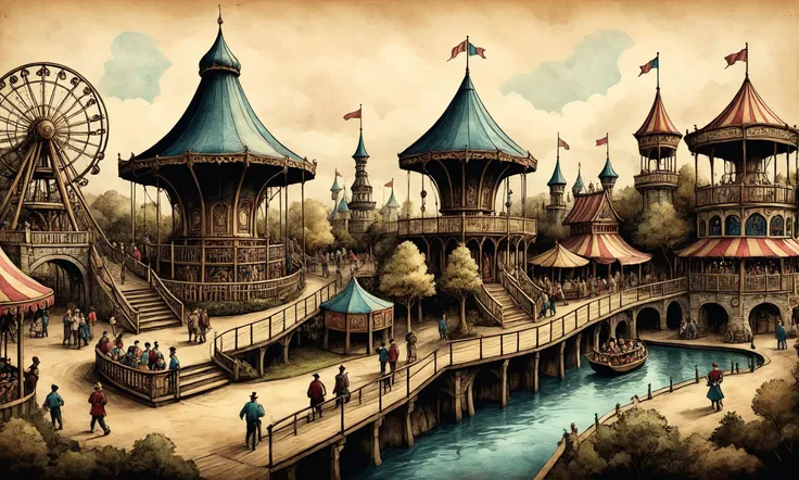 Beautiful detailed digital illustration of a AI-run amusement park simulating historical eras <lora:ParchartXL-1.5:0.7> on parchment, ink illustration, <lora:fracolor:0.7> fracolor , Chiaroscuro