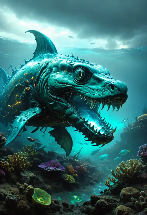 Air squeeze out the ocean floor, Leviathan swim with open jaw, <lora:Bio-Luminescence:0.8> bioluminescent, glowing, <lora:SDXLFaeTastic2400:0.8>, Overcast Light, <lora:fracolor:0.7> fracolor