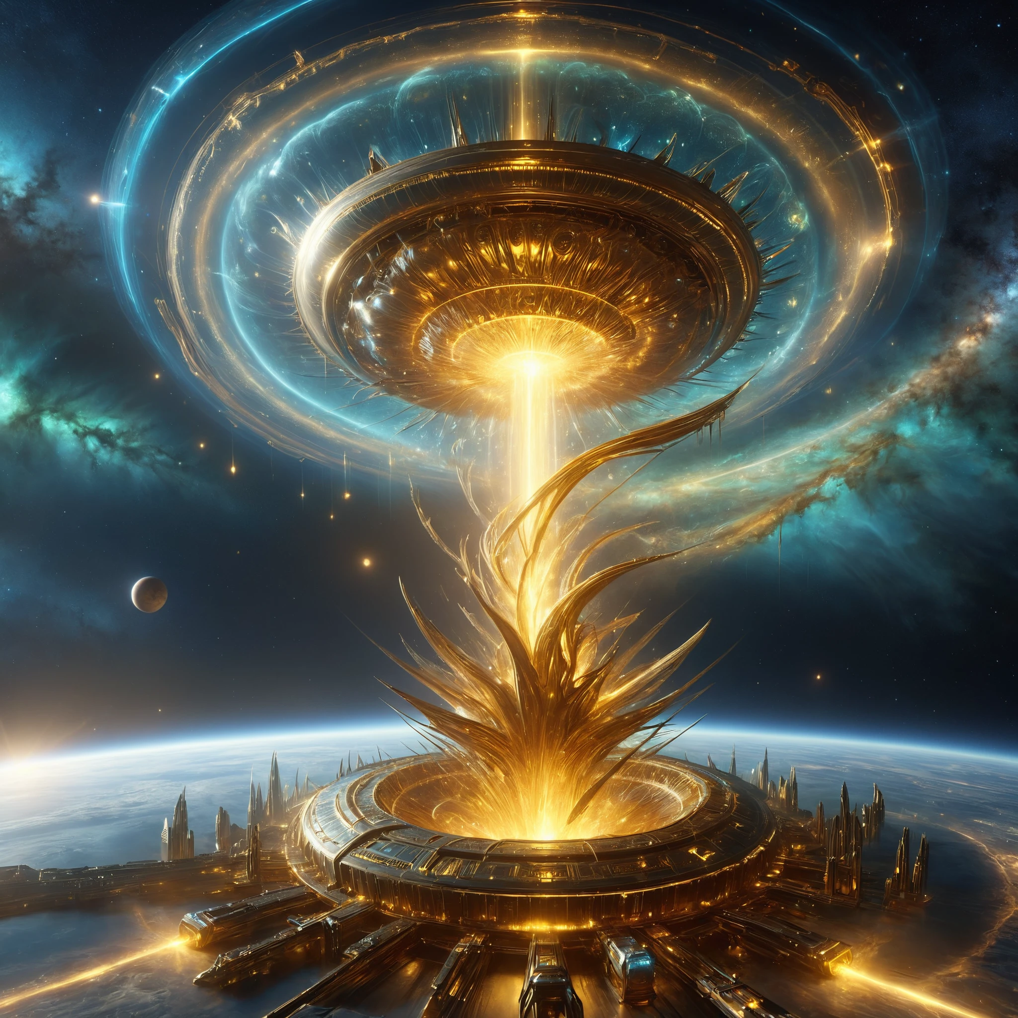 MidasMagic Biomechanical alien vessel with luminescent markings, Alien megastructure harnessing cosmic energy in the background, great lighting, dynamic lighting, fracolor, sharp focus, glowing, scifi National Geographic, trending on artstation, masterpiece, by Greg Rutkowski, by Ross Tran, by Fenghua Zhong, octane, soft render, oil on canvas<lora:MidasMagicXL:0.8> <lora:great_lighting:0.4> <lora:fracolor:0.7>