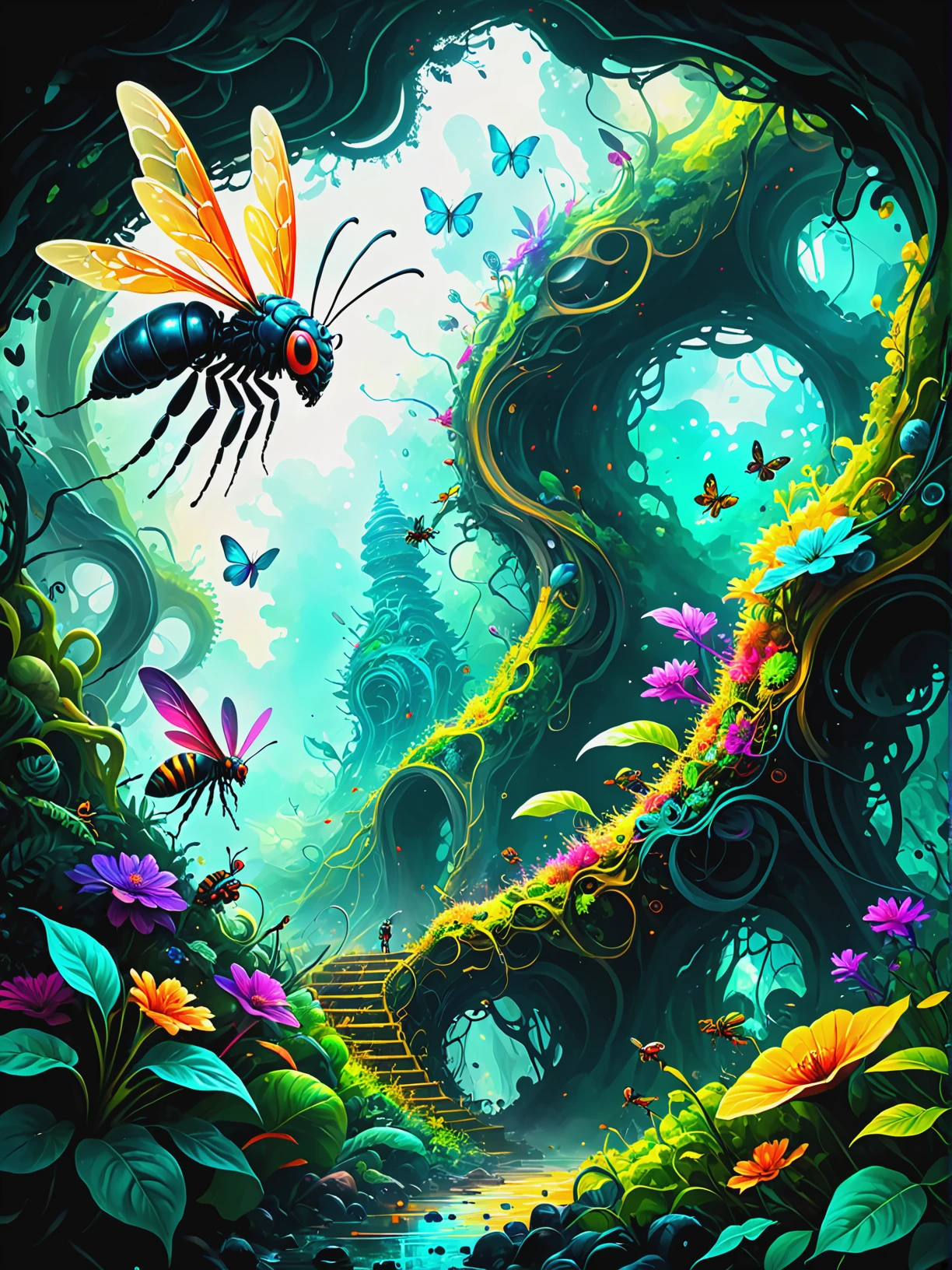 Telepathic hive mind controlling insect hordes in Interdimensional gateway in hidden jungle, ultra-fine digital painting, <lora:xl_more_art-full_v1:0.3>, <lora:gorgoeus_splash_of_vibrant_paint:0.7> Gorgeous splash of vibrant paint, <lora:fracolor:0.7> fracolor