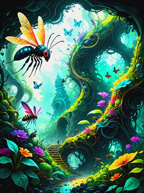 Telepathic hive mind controlling insect hordes in Interdimensional gateway in hidden jungle, ultra-fine digital painting, <lora:xl_more_art-full_v1:0.3>, <lora:gorgoeus_splash_of_vibrant_paint:0.7> Gorgeous splash of vibrant paint, <lora:fracolor:0.7> fracolor