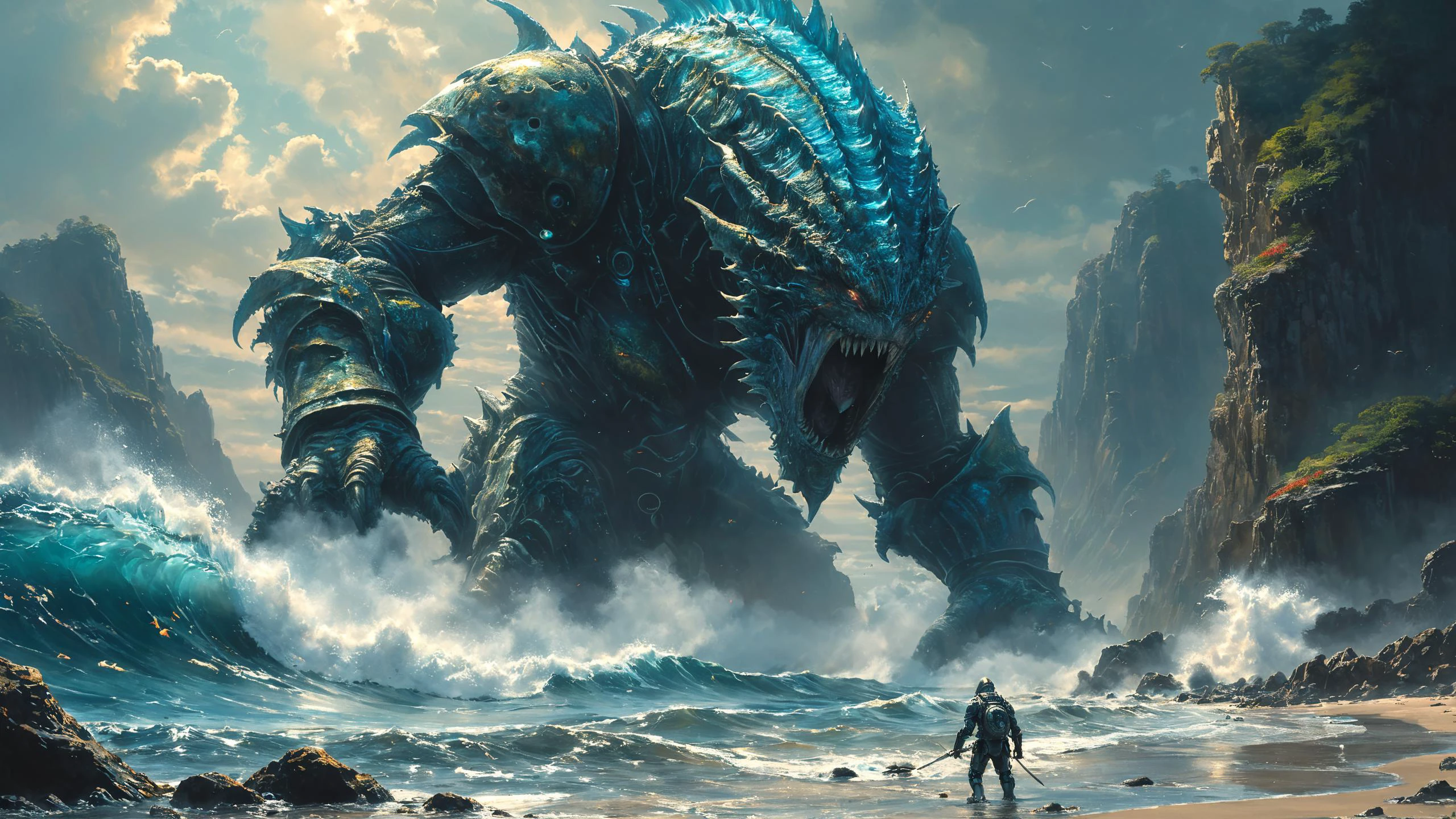 alien landscape, full body Biomechanical towering metallic giant monsters, Bioluminescent reefs teeming with vibrant marine life, Towering cliffs overlooking crashing ocean waves , alien flora, alien fauna, Strobe Lighting, <lora:fracolor:0.7> fracolor, <lora:add-detail-xl:0.4> <lora:XL_boss_battle:1> Bosstyle, highly detailed, photorealism, hyperrealism, sharp focus