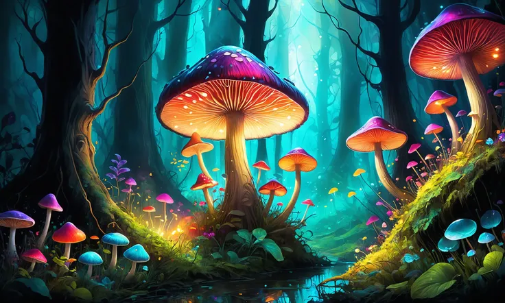 Beautiful detailed digital illustration of a Enchanted forest with glowing mushrooms <lora:gorgoeus_splash_of_vibrant_paint:0.7> Gorgeous splash of vibrant paint, <lora:fracolor:0.7> fracolor , Chiaroscuro