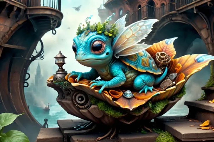 <lora:xl_more_art-full_v1:0.7>, (best quality:1.5), (hyperrealism:1.3), (intricate emotional details:1.5), (ultra detailed), (sharp focus), (sharp details), detailed digital illustration of a Sylph air elemental with the ability to manipulate gusts and breezes (Sitting gracefully on steps) in a City within hollowed turtle shell, Steampunk, <lora:fracolor:0.7> fracolor