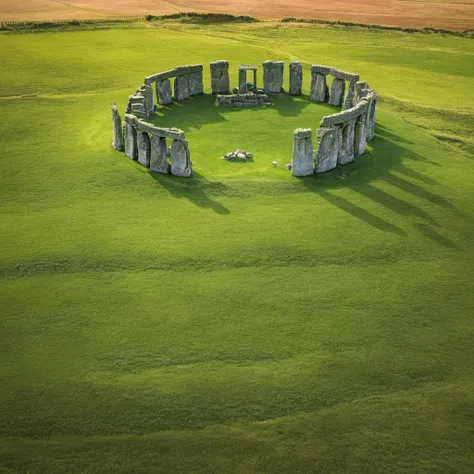 Stone Henge surrounded by green grass fields in England <lora:DD-above-v1:1> above