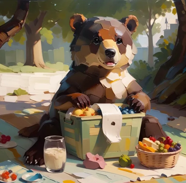 <lora:impasto painting:1>impasto painting, paint, bear on a picnic