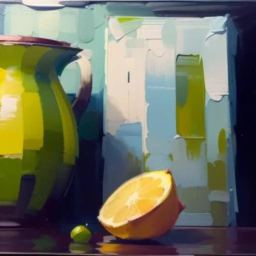 (Lonely:1.3) impasto painting, paint,green lemon and black tee on canvas by irina yrmolova,<lora:impasto painting:1> <lora:LowRa:0.3>