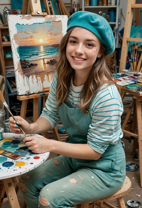 (medium full shot) of (inspired painter) young woman, australian, fair skin, light brown eyes, willowy build, medium brown layered cut hair, wearing a beret, teal paint-splattered striped t-shirt, paint-splattered pants, slip-on shoes, holding a paintbrush and a palette, set in painting Workshop, organized space with tables covered in art supplies, walls adorned with finished and unfinished paintings, stools and chairs scattered around, at sunset, woman smiling, ,Masterpiece,best quality, photo, realistic, very aesthetic, detailed face,