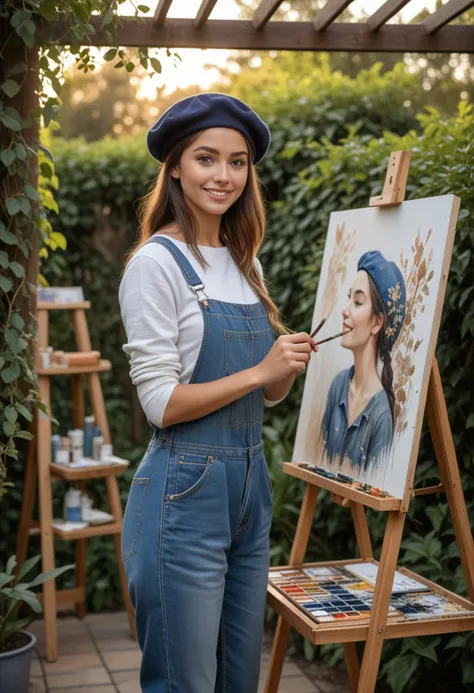 (medium full shot) of (creative painter) young woman, australian, tan skin, dark Blue eyes, slim build, long dark half-up half-down hair,  wearing a beret, grey denim overalls, jeans, sandals, holding a paintbrush and a palette, set in  garden, Arbor, shaded area with a wooden structure covered in vines, a table with art supplies, a canvas on an easel, birds singing nearby, at sunset, woman smiling, Masterpiece,best quality, photo, realistic, very aesthetic, detailed face,