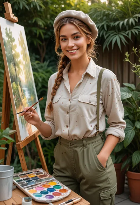 (medium full shot) of (chic painter) young woman, spanish, tan skin, olive green eyes, busty build, medium red french braid hair,  wearing a beret, beige paint-splattered shirt, cargo pants, canvas shoes, holding a paintbrush and a palette, set in  garden Terrace, outdoor area with a wooden table, potted plants around, an easel set up, sunlight filtering through the trees, birds chirping, at night, woman smiling, Masterpiece,best quality, photo, realistic, very aesthetic, detailed face,