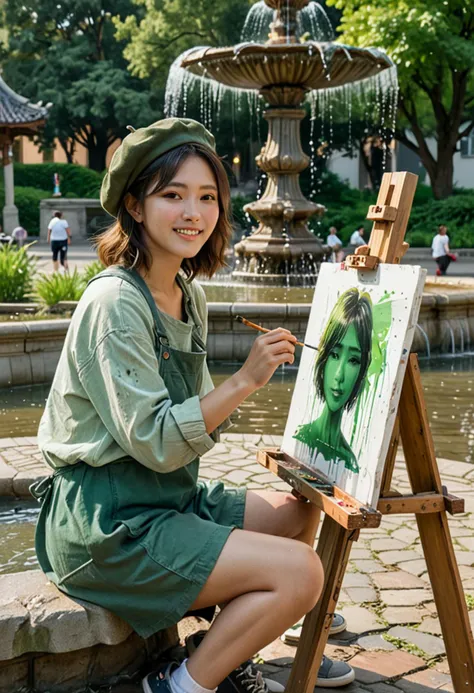 (medium full shot) of (creative painter) young woman, korean, light skin, brown eyes, busty build, short dark shag cut hair,  wearing a beret, green paint-splattered painter smock, comfortable shorts, canvas shoes, easel with canvas, set in  park, Fountain, ornate fountain with water cascading, an artist sketching the scene, people sitting on benches, the sound of flowing water , at sunset, woman smiling, ,Masterpiece,best quality, photo, realistic, very aesthetic, detailed face,