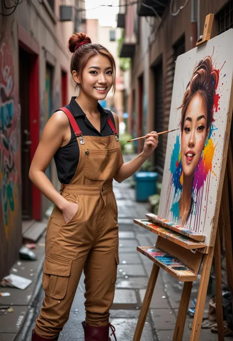 (medium full shot) of (artistic painter) young woman, chinese, tan skin, brown eyes, lithe build, short red bun hair,  wearing a brown artist vest, paint-splattered pants, boots, easel, set in  street, Alleyway, narrow alley with murals on the walls, an artist adding to the mural, colorful graffiti, a vibrant urban setting, at night, woman smiling, Masterpiece,best quality, photo, realistic, very aesthetic, detailed face,