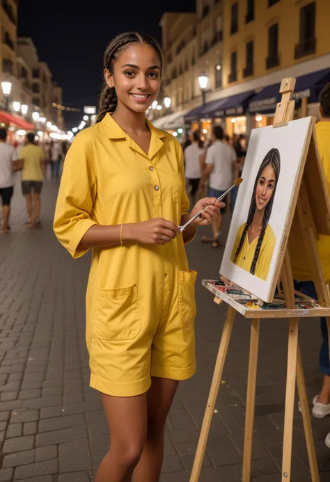 (medium full shot) of (chic painter) young woman, arabian, mocha skin, hazel eyes, slim build, medium brown double braids hair, wearing a yellow painter smock, comfortable shorts, sandals, easel, set in street, Plaza, open square with artists displaying their works, people walking around, street performers entertaining, a festive atmosphere, at night, woman smiling, Masterpiece,best quality, photo, realistic, very aesthetic, detailed face,