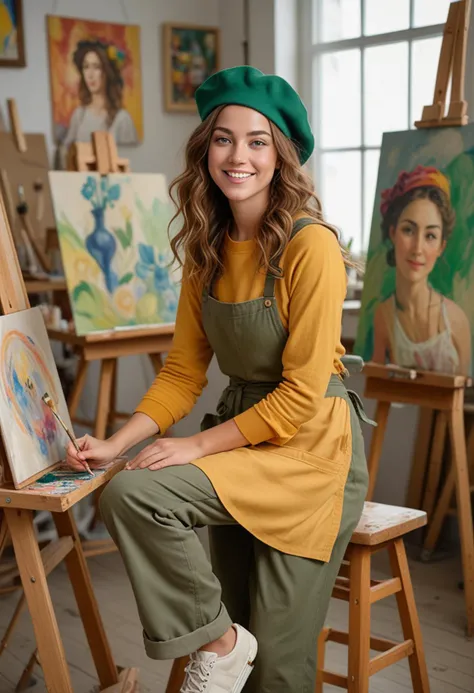 (medium full shot) of (bohemian painter) young woman, canadian, tan skin, green eyes, voluptuous build, long hazel wavy down hair, wearing a beret, yellow colorful apron, relaxed fit trousers, comfortable sneakers, easel with canvas, set in painting Workshop, organized space with tables covered in art supplies, walls adorned with finished and unfinished paintings, stools and chairs scattered around, woman smiling, Masterpiece,best quality, photo, realistic, very aesthetic, detailed face,