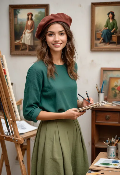 (medium full shot) of (vibrant painter) young woman, italian, tan skin, hazel eyes, normal build, medium brown shag cut hair, wearing a beret, green loose linen blouse, bohemian skirt, casual shoes, holding a pencil and a sketchbook, set in studio Corner, cozy area with a small desk, a palette and brushes, an easel with an unfinished painting, art books stacked nearby, woman smiling, Masterpiece,best quality, photo, realistic, very aesthetic, detailed face,
