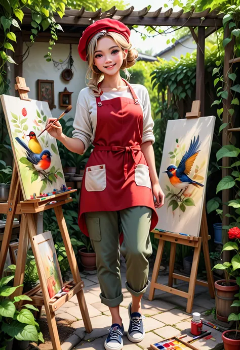 (medium full shot) of (colorful painter) young woman, thai, light skin, hazel eyes, Medium build, long blonde low bun hair,  wearing a beret, red  colorful apron, relaxed fit trousers, canvas shoes, paint tubes, set in  garden, Arbor, shaded area with a wooden structure covered in vines, a table with art supplies, a canvas on an easel, birds singing nearby, at night, woman smiling,  ,Masterpiece,best quality, photo, realistic, very aesthetic, detailed face,