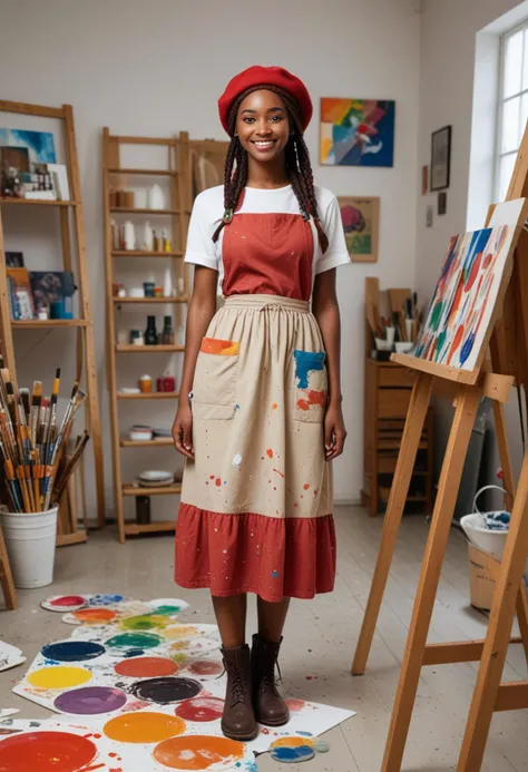 (medium full shot) of (chic painter) young woman, south african, dark skin, black eyes, tiny build, extra long red single braid hair, wearing a beret, beige colorful apron, bohemian skirt, boots, holding a paintbrush and a palette, set in art Studio, spacious room with easels and canvases, shelves filled with paint and brushes, natural light from large windows, paint-splattered floor, at night, woman smiling, Masterpiece,best quality, photo, realistic, very aesthetic, detailed face,