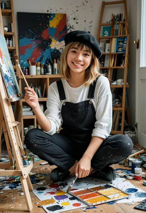 (medium full shot) of (inspired painter) young woman, philippine, tan skin, brown eyes, tiny build, short blonde straight bangs hair,  wearing a beret, black  shirt, overalls, casual shoes, holding a paintbrush and a palette, set in  art Studio, spacious room with easels and canvases, shelves filled with paint and brushes, natural light from large windows, paint-splattered floor, at night, woman smiling, ,Masterpiece,best quality, photo, realistic, very aesthetic, detailed face,