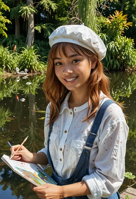 (medium full shot) of (inspired painter) young woman, thai, tan skin, light brown eyes, slim build, medium ginger curtain bangs hair, wearing a beret, white paint-splattered shirt, overalls, sandals, holding a pencil and a sketchbook, set in park, Lake, serene lake with ducks swimming, an artist painting the reflection, trees lining the shore, the sound of water lapping , at night, woman smiling, ,Masterpiece,best quality, photo, realistic, very aesthetic, detailed face,