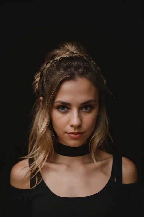 an eye contact of a blonde with bun hair and dark theme <lora:vanessa_mai:1> epiCPhoto