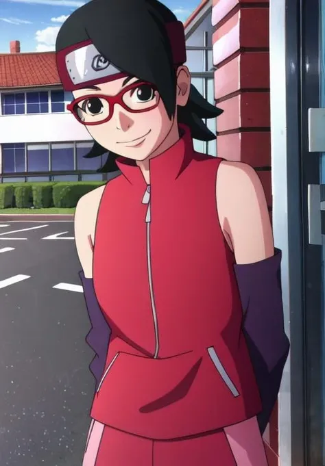 <lora:NarutoShippuden:0.8>, Sarada, solo, smile, closed mouth,