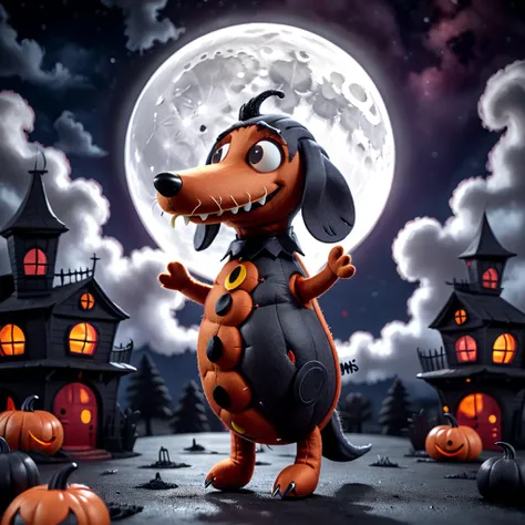 (felt puppet wiener sausage dog, hotdog costume body halloween), (spooky dark cloudy moon scary background), (4k, 8k, extreme detail, ultra quality, HD, high definition, HDR, high dynamic range, octane render)