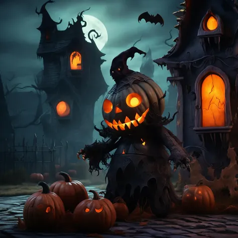 a menacing monster in a Halloween costume, lurking outside a haunting house, clutching a pumpkin in its gnarled claws. The monster's custom is a nightmarish creation, with tattered fabric, sharp fangs, and glowing eyes that pierce through the darkness. The haunting house looms behind, its weathered facade and broken windows adding to the eerie atmosphere. The pumpkin held by the monster is intricately carved with a wicked grin, its candlelight casting eerie shadows on the surroundings <lora:halloweenXL:1>