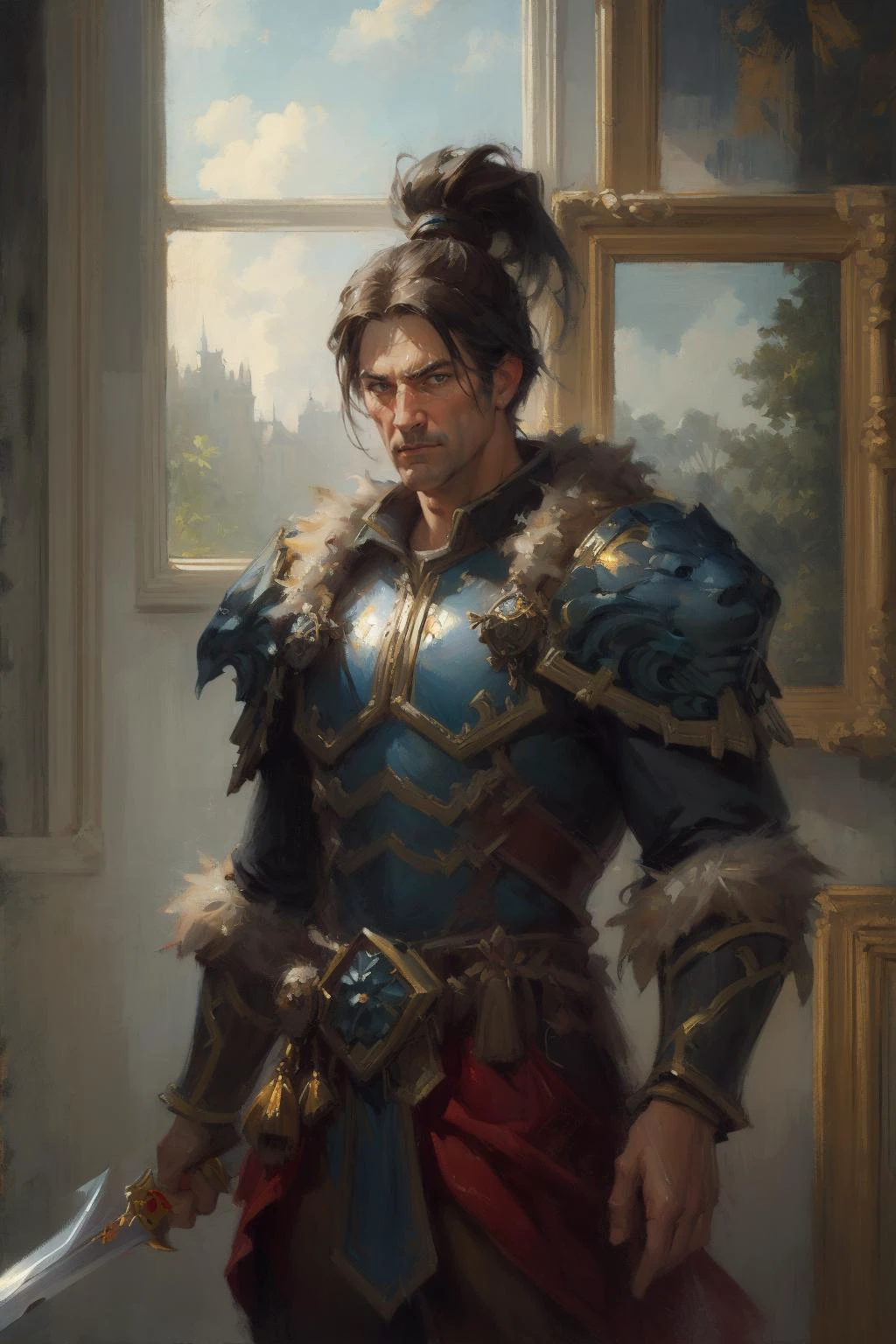 oil painting,oil painting with brushstrokes, masterpiece,best quality,4k, best quality, ultra high res, masterpiece, <lora:varian-15:0.7>, varian, cowboy shot, sword,<lora:GoodHands-beta2:1>