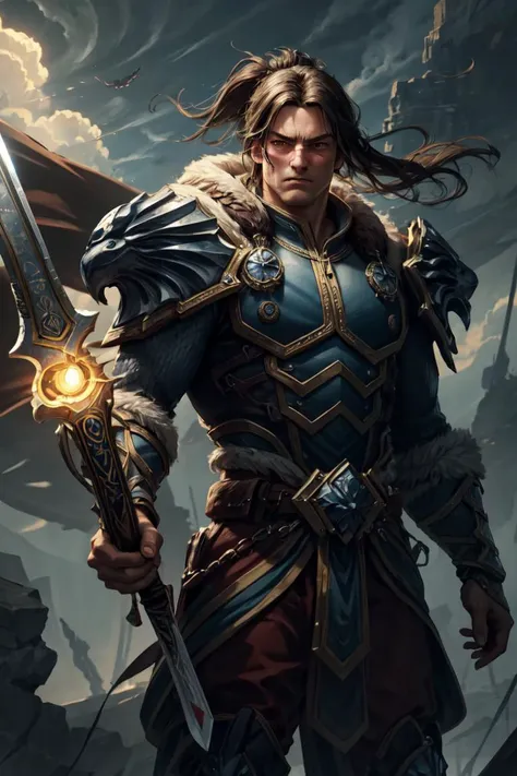 best quality, masterpiece, <lora:more_details:0.3>,<lyco:GoodHands-beta2:1>, ultra high res, masterpiece, <lora:varian:0.8>, varian, cowboy shot, Holding a long sword in hand, Atmospheric Perspective,male focus