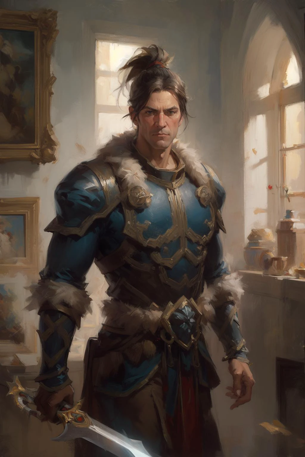 oil painting,oil painting with brushstrokes, masterpiece,best quality,4k, best quality, ultra high res, masterpiece, <lora:varian-15:0.7>, varian, cowboy shot, sword,<lora:GoodHands-beta2:1>