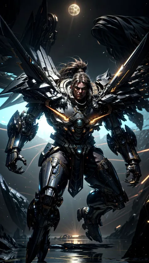 (8k,best quality, masterpiece:1.2),physically-based rendering,tyndall effect,surface reflection,metallic luster,looking at viewer,Eye Level,
<lora:add_detail:1>,((Mecha:1.1)),varian,full body,solo,(glow),armor,planet,space,moon, dual wielded swords, charge forward, attack
<lora:StealthMecha:0.8>, <lora:varian:0.8>