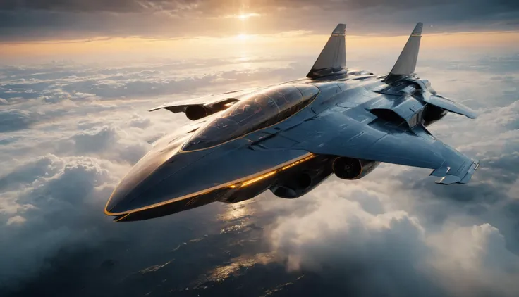 Role-playing game (RPG) style fantasy (((Ultra-detailed, Hyper-realistic, 8k, highres, masterpiece))),A futuristic fighter travelling at speeds surpassing the of sound,its sleek designand powerful futuristic ion pulse drive engines allows it to effortlessly push past the known limits of known flight,flying in a clouded sky,pressure waves as it breaks the sound barrier,golden hour,<lora:t1hal:0.8>,t1hal,rain,<lora:SpaceCraft_XL:0.8>,spcrft,futuristic,sleek,alien, . Detailed, vibrant, immersive, reminiscent of high fantasy RPG games