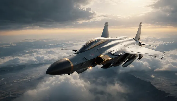 Dystopian style (((Ultra-detailed, Hyper-realistic, 8k, highres, masterpiece))),A futuristic fighter jet travelling at the speed of sound,flying in a clouded sky,pressure waves as it breaks the sound barrier,golden hour,<lora:t1hal:0.8>,t1hal,<lora:SpaceCraft_XL:0.8>,spcrft, . Bleak, post-apocalyptic, somber, dramatic, highly detailed
