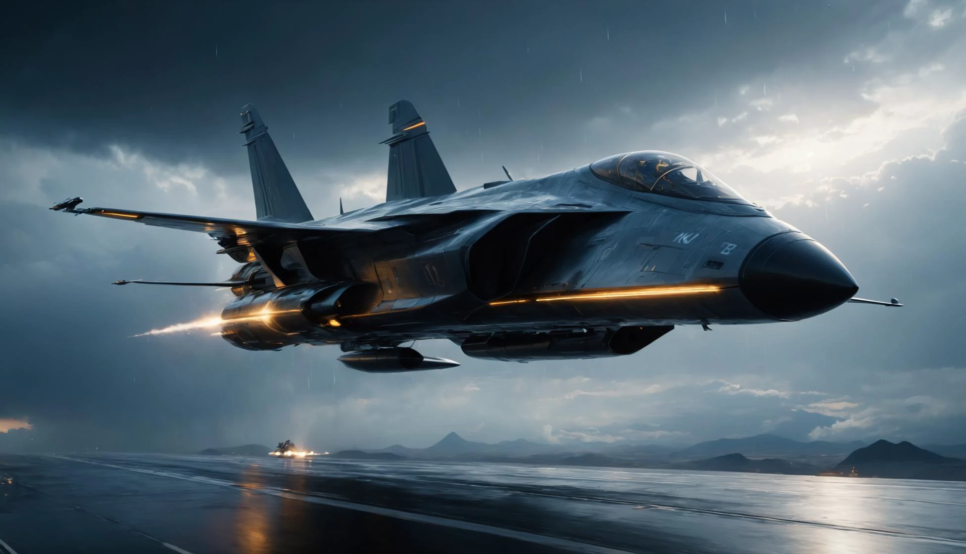 cinematic film still (((Ultra-detailed, Hyper-realistic, 8k, highres, masterpiece))),A futuristic fighter travelling at speeds surpassing the of sound,its sleek designand powerful ion drive engines allows it to effortlessly push past the known limites of flight,flying in a clouded sky,pressure waves as it breaks the sound barrier,golden hour,<lora:t1hal:0.8>,t1hal,rain,<lora:SpaceCraft_XL:0.8>,spcrft,futuristic,sleek,alien, . shallow depth of field, vignette, highly detailed, high budget, bokeh, cinemascope, moody, epic, gorgeous, film grain, grainy
