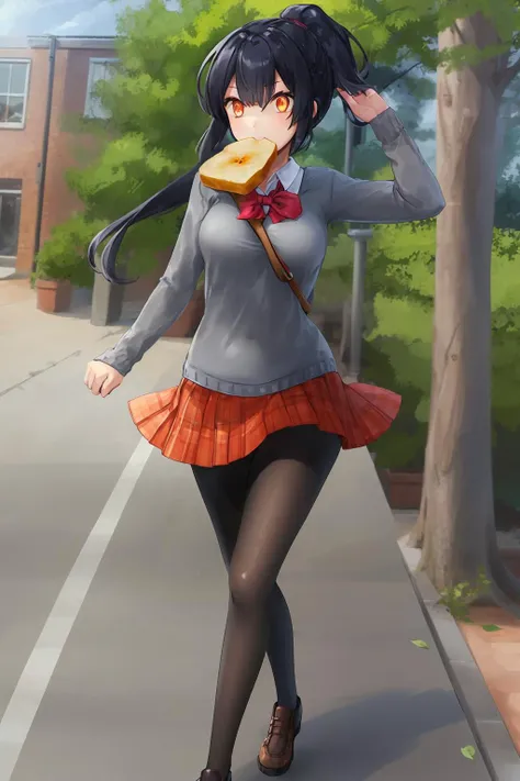 ((((ultra illustrated style:1.0)))),best quality,best animated,masterpiece,ray tracing, global illumination,running, 1girl, pantyhose, school uniform, skirt, black pantyhose, outdoors, ponytail, solo, plaid skirt, day, shoes, black hair, plaid, bow, hair ornament, sky, tree, sweater, loafers, strap between breasts, breasts, orange eyes, medium breasts
<lora:running-000007:0.9>