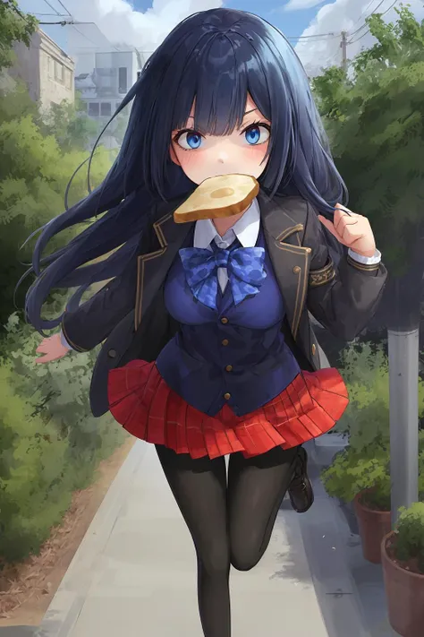 ((((ultra illustrated style:1.0)))),best quality,best animated,masterpiece,ray tracing, global illumination,running, 1girl, pantyhose, blue eyes, blue hair, solo, school uniform, long hair, skirt, black pantyhose, blazer, plaid skirt, blush, plaid,outdoors,
<lora:running-000007:0.9>