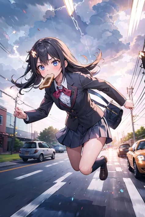 1girl, (upset:0.9), blush, school uniform, blazer, school bag, running, bread in mouth, leaning forward, super_speed, lighting, light trails, (motion blur:1.3),
(masterpiece), best quality, high resolution, <lora:running:0.5> <lora:Super_speed_running_V2:0.7>