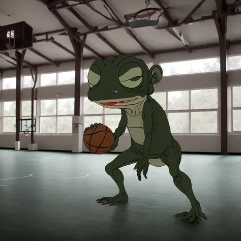 <lora:58616d75-1e35-46f0-97eb-e9b9d5192304:0.65> froggygollum playing basketball in a gym