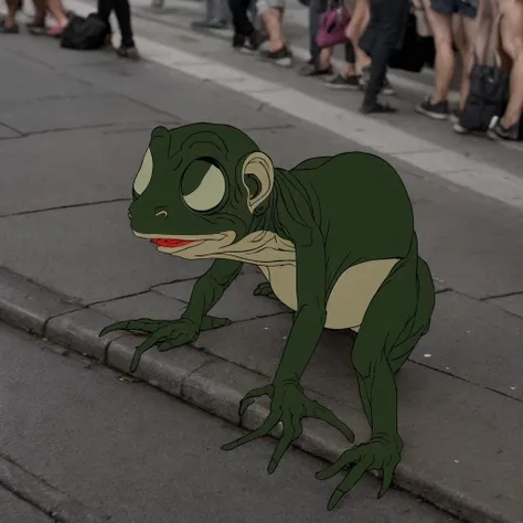 <lora:58616d75-1e35-46f0-97eb-e9b9d5192304:0.65> froggygollum on the sidewalk in a crowded city