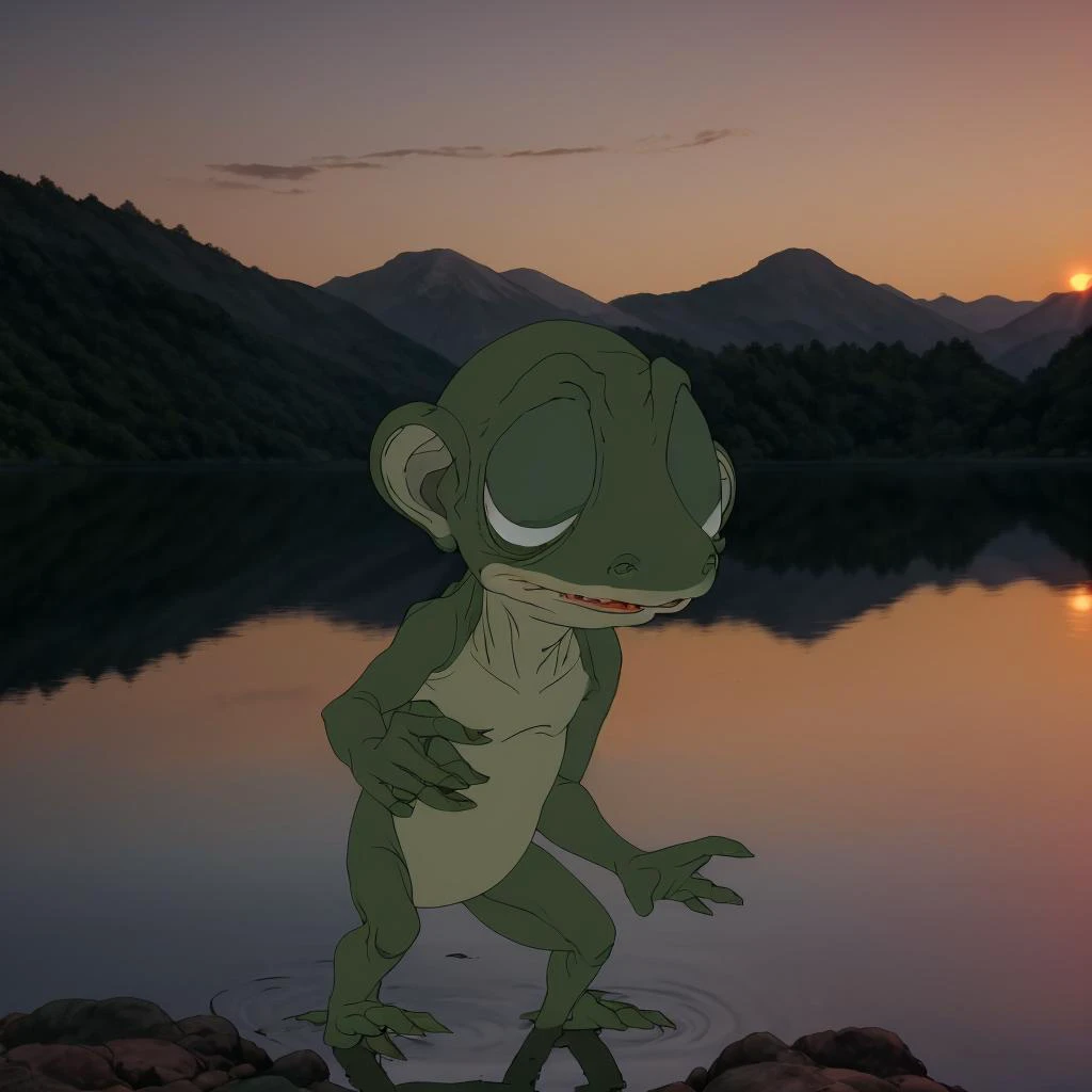 <lora:58616d75-1e35-46f0-97eb-e9b9d5192304:0.8> froggygollum standing by a lake at sunset