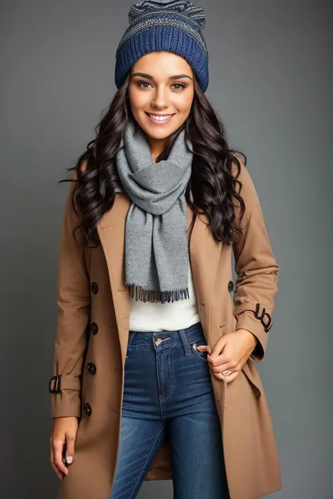 Studio photography photo of Bric, a woman, 30 years old, smiling, dark hair, wearing a large trenchcoat, wearing a scarf, wearing a beanie, wearing jeans, bundled up, no skin showing, masterpiece, studio lighting, best quality, (detailed face, detail skin texture, ultra-detailed body) <lora:BriC:0.85>