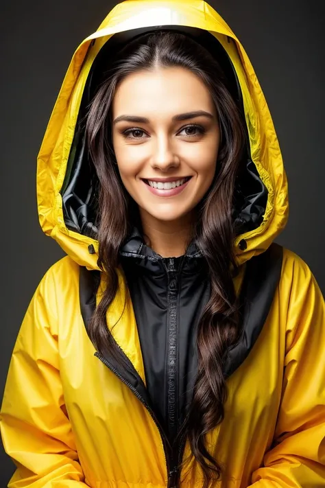 Studio photography photo of Bric, a woman, 30 years old, smiling, dark hair, wearing a hazmat suit, wearing a hazardous material outfit, wearing a helmut, yellow, outbreak, bundled up, no skin showing, masterpiece, studio lighting, best quality, (detailed face, detail skin texture, ultra-detailed body) <lora:BriC:0.85>