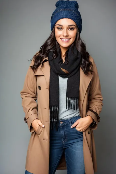 Studio photography photo of Bric, a woman, 30 years old, smiling, dark hair, wearing a large trenchcoat, wearing a scarf, wearing a beanie, wearing jeans, bundled up, no skin showing, masterpiece, studio lighting, best quality, (detailed face, detail skin texture, ultra-detailed body)  <lora:BriC:0.85>