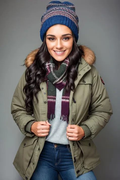 Studio photography photo of Bric, a woman, 30 years old, smiling, dark hair, wearing a parka jacket, wearing a scarf, wearing a beanie, wearing jeans, bundled up, no skin showing, masterpiece, studio lighting, best quality, (detailed face, detail skin texture, ultra-detailed body)  <lora:BriC:0.85>
