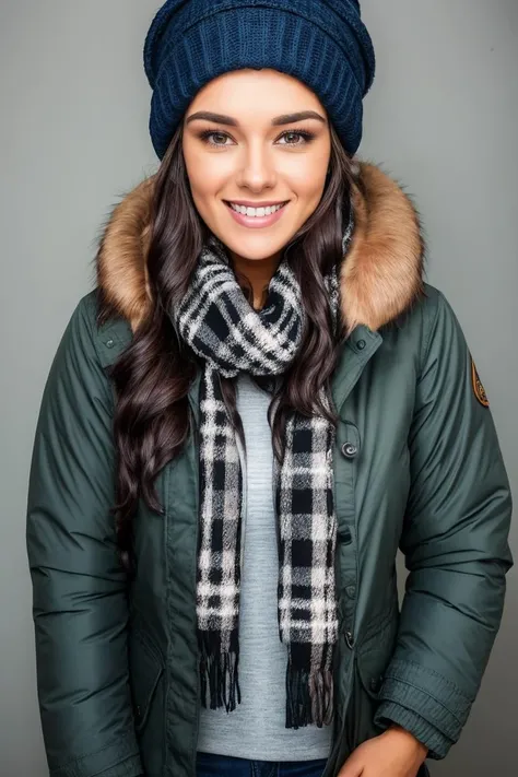 Studio photography photo of Bric, a woman, 30 years old, smiling, dark hair, wearing a parka jacket, wearing a scarf, wearing a beanie, wearing jeans, bundled up, no skin showing, masterpiece, studio lighting, best quality, (detailed face, detail skin texture, ultra-detailed body) <lora:BriC:0.85>