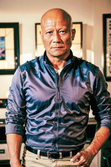 best quality, ultra high res, (photorealistic:1.4), masterpiece, blurry background,indoors,1boy,50 years old,standing ,(looking at viewer), black shirt, <lora:jichunhua:0.8>